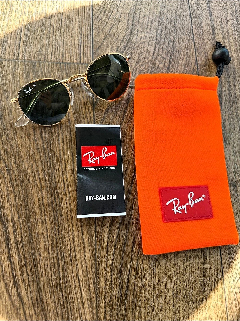 Ray-Ban RB3447 Round Metal Polarized Sunglasses Gold & Green